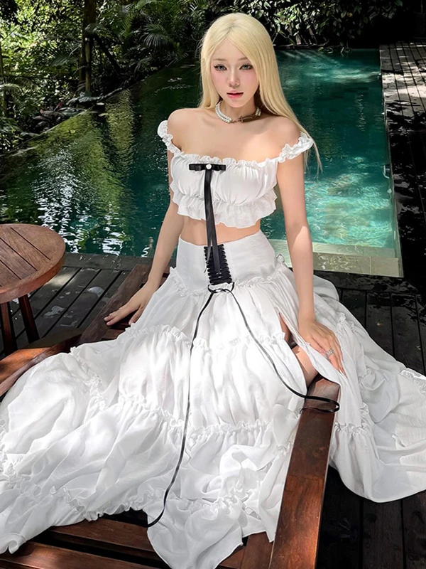 

SylCue Fairy Pure Desire Color Colion Knot Earlet Lace ter Vest High Waist Split Semi-skirt Set Women's Fai...