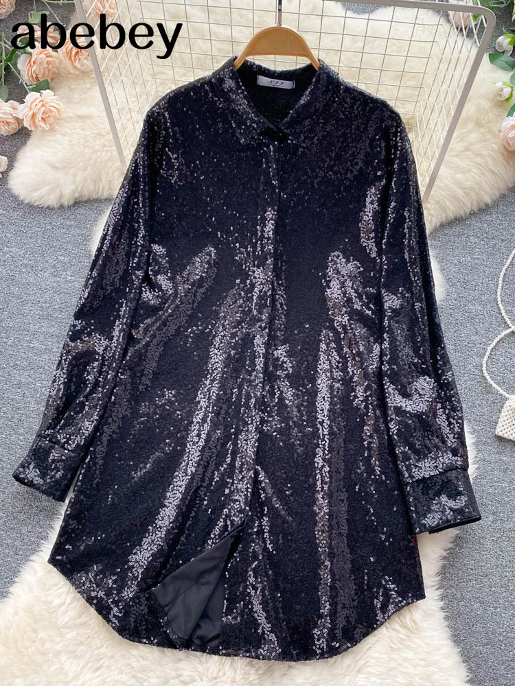 Sequins Blouse Shirts Long Sleeve Top Button Up Shirt Y2K Vintage Women Clothing Club Party Glitter Top Female Collared Shirt