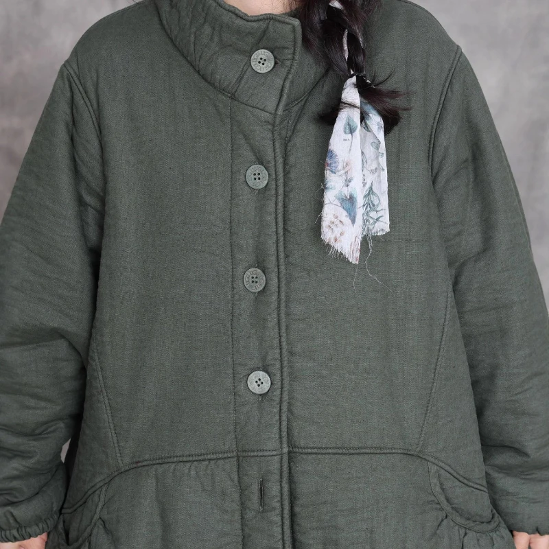 الوقوف طوق المرأة معطف طويل غير رسمي خمر نمط فضفاض القطن مبطن فضفاض دافئ الركبة طول سترة واقية معطف متوسط الطول #6