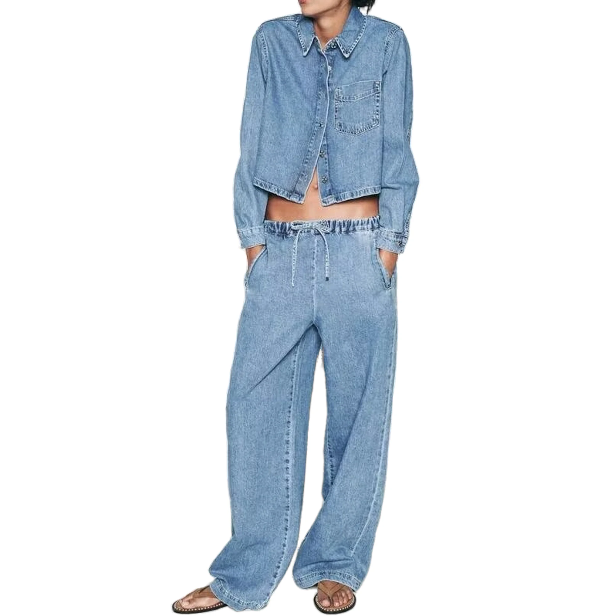 Haut court en denim à simple boutonnage pour femme, pantalon large taille haute, pantalon de jogging décontracté, nouveau