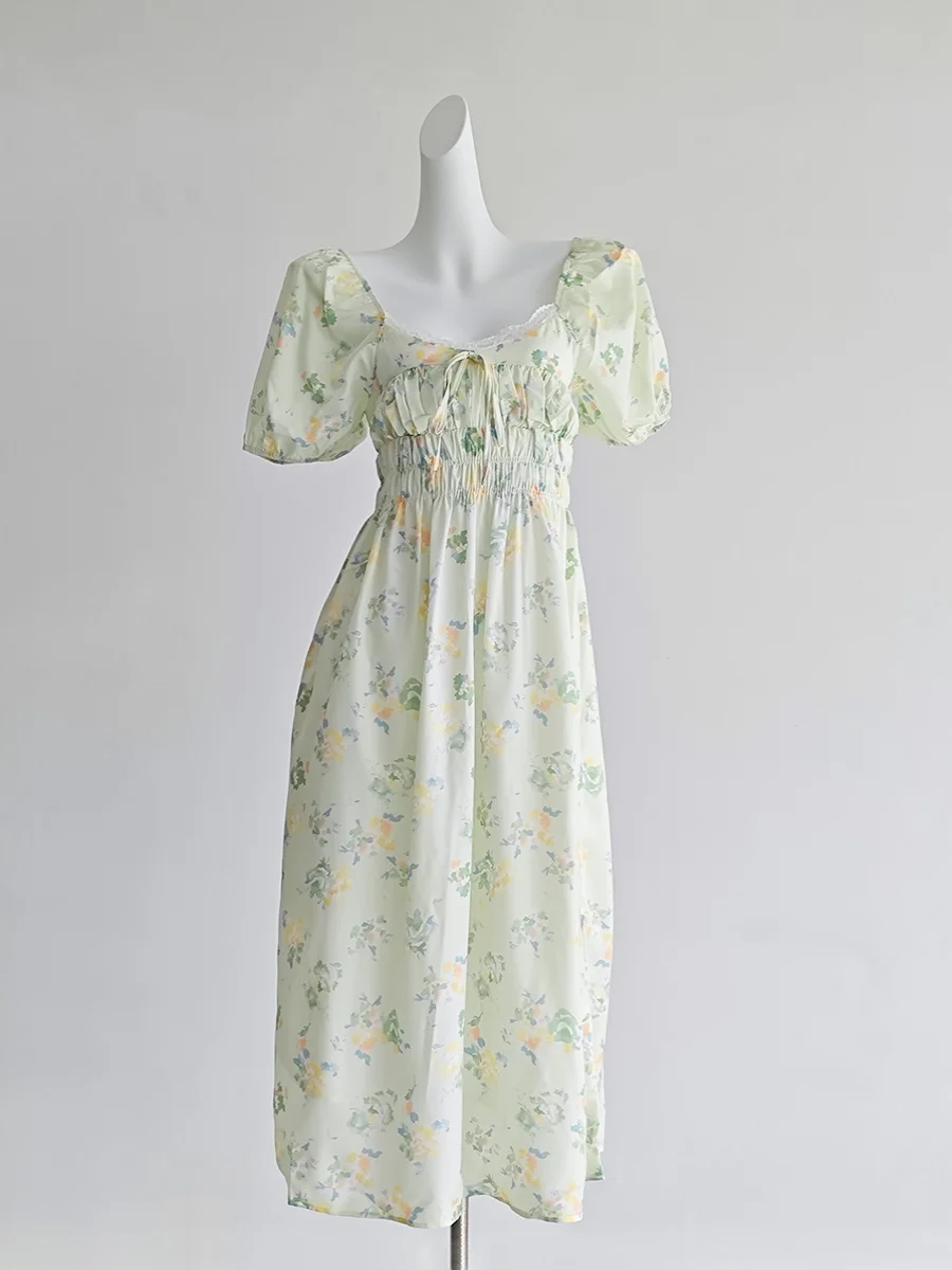 

Floral Bow Lace Puffy Sleeve Dress Women's Summer Square Collar Lace-up Mid-length Sdress Fashion Female Clothes