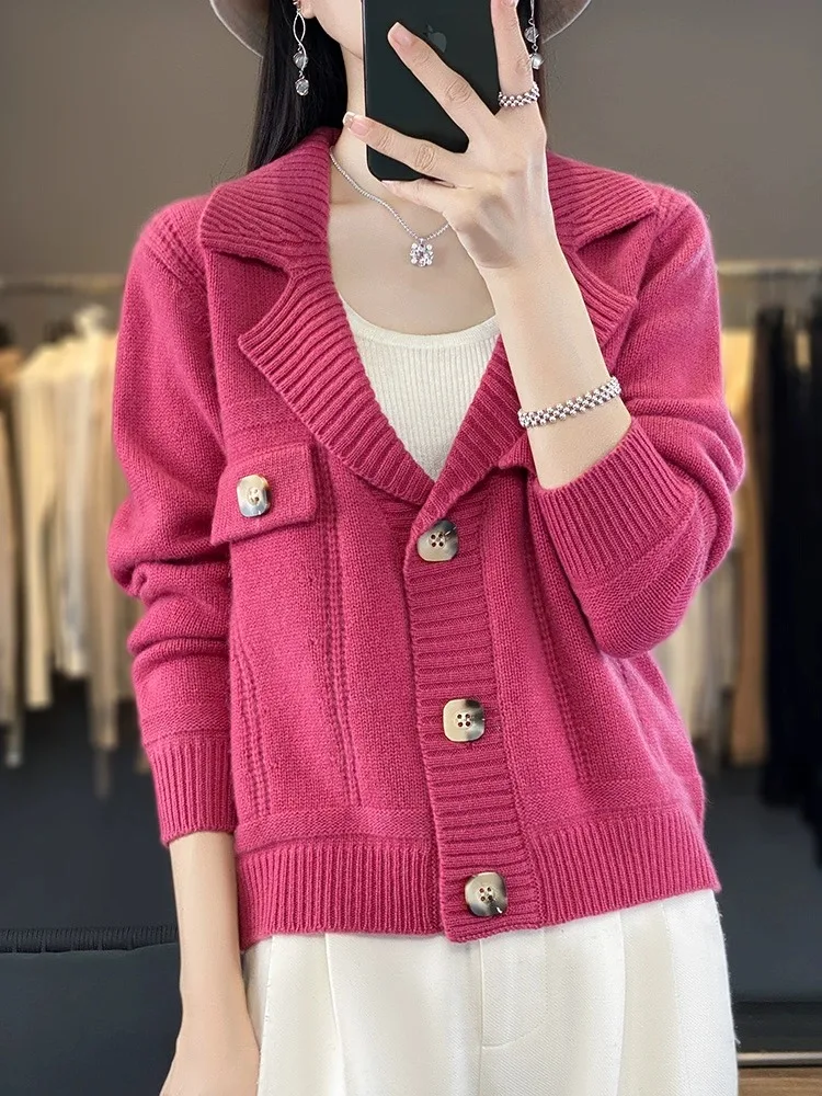 100% cashmere cardigan women\'s suit collar solid color all-in-one top loose slimming short wool knit sweater coat