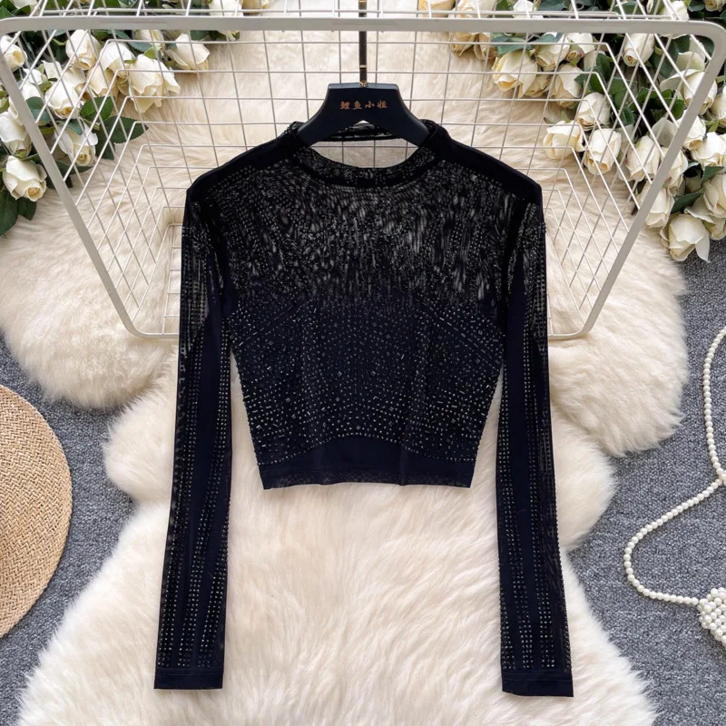 Hksh primavera outono novas mulheres camiseta curta o pescoço mangas compridas artesanato pesado cravejado diamantes pura sexy camiseta high-end topos hk16451