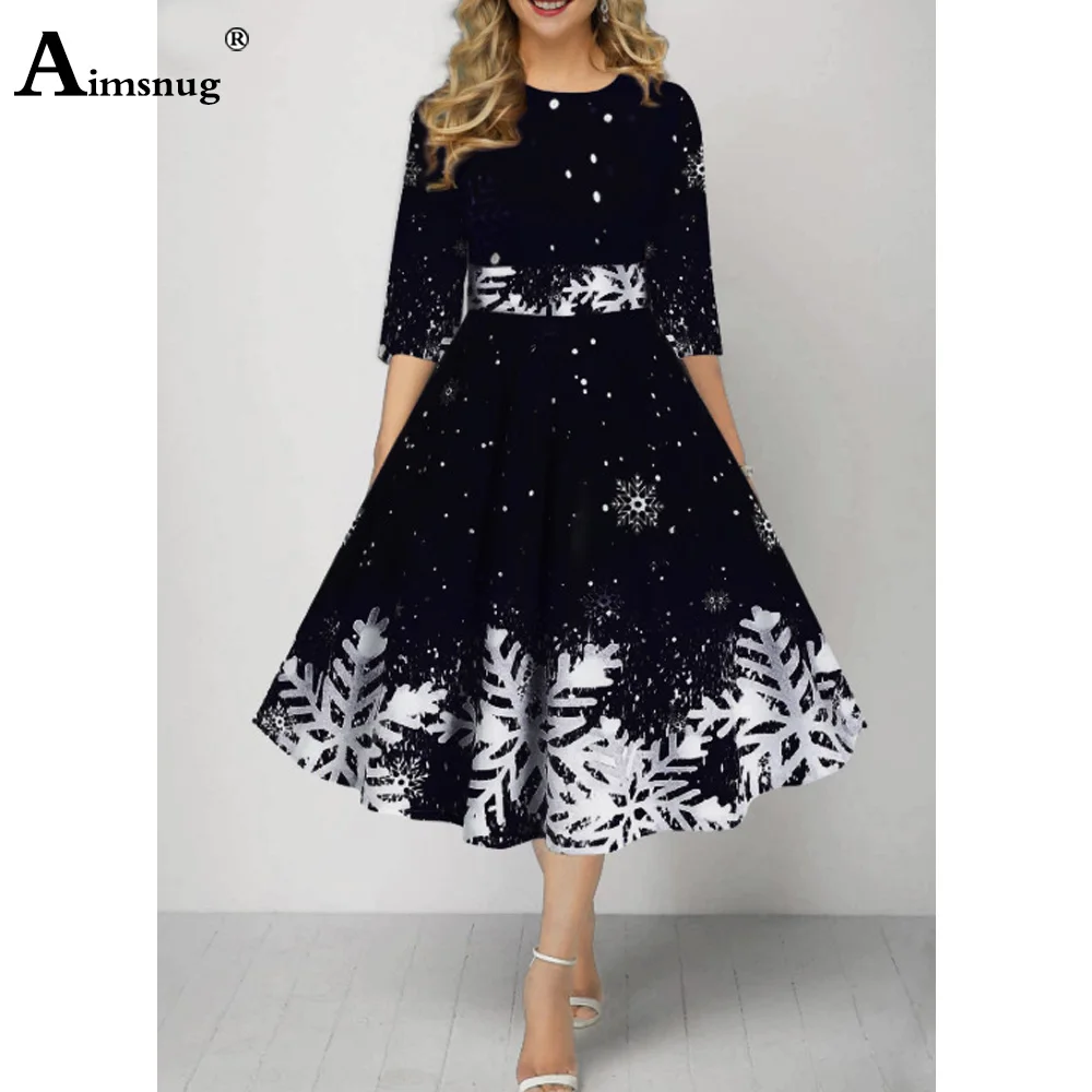 Women Three Quarter Sleeve Dress Loose Vintage Snowflower Print Befree Dress Large Big A-line Party Elegant Mid-Calf Dresses