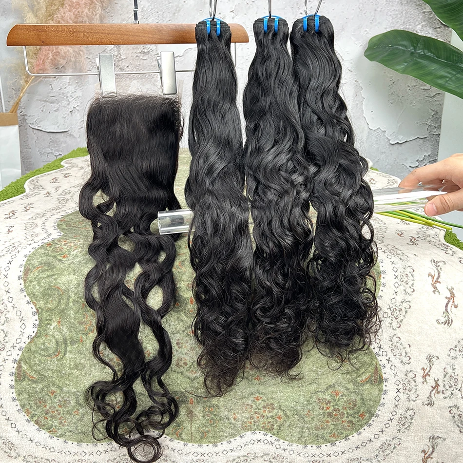 18A Natural Wave Bundles With 5x5 Transparent Lace Closure #1B Natural Color Vietnam 100% Raw Virgin Human Hair Weave Extensions