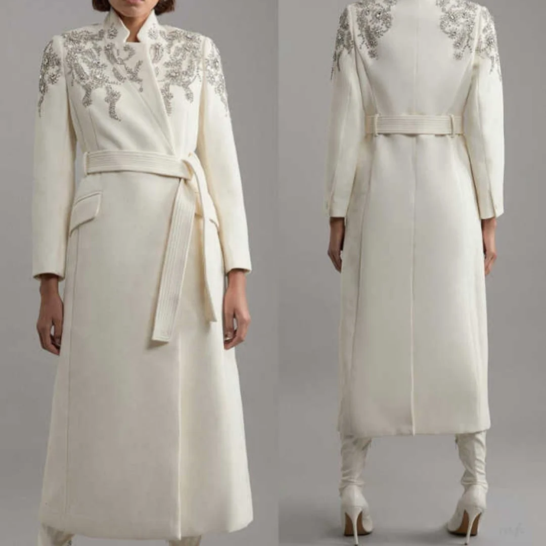 

Luxury Crystals Women Overcoat Wool Blend Long Sleeve Long Jacket With Belt Autumn Winter Customized Outdoor Wear One Piece