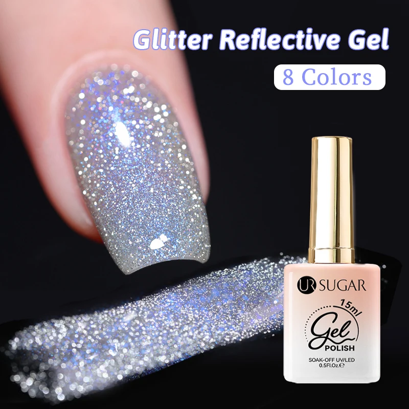 UR SUGAR cat kuku reflektif 15ml, cat kuku berkilau Semi permanen, manikur, rendam UV LED, pernis Gel warna