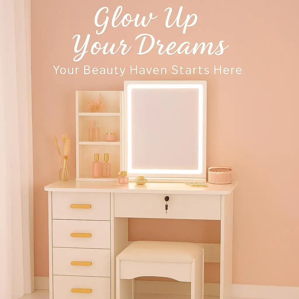 متجر Tiktok الأكثر مبيعًا، زينة بيضاء مع مرآة وإضاءة، مرآة مكياج منزلقة، ضوء LED مع 3 أوضاع ألوان، مقعد متضمن