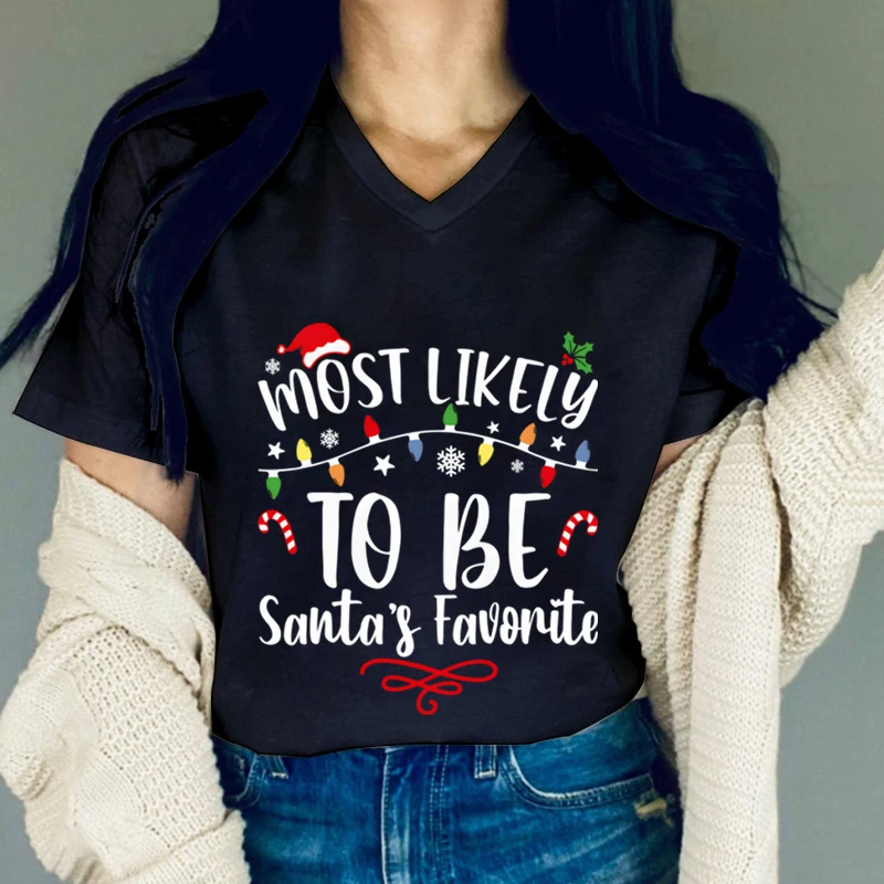 

Рождественская футболка с V-образным вырезом, женская рубашка с принтом «самое вероятное быть любимым Санта», футболка с коротким рукавом и забавными буквами, Y2K, Рождественская уличная одежда