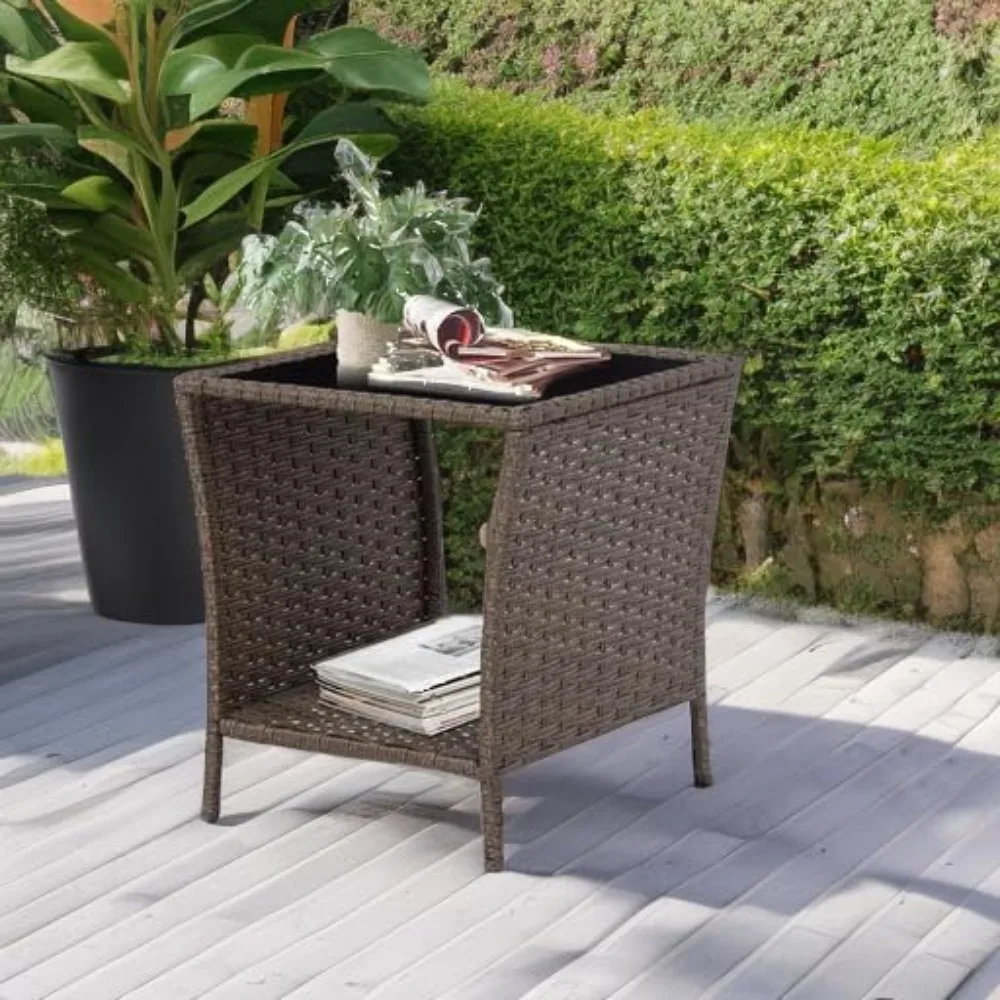 

Outdoor Side Table - Outdoor Wicker End Side Tables for Patio with Storage Shelf, Brown