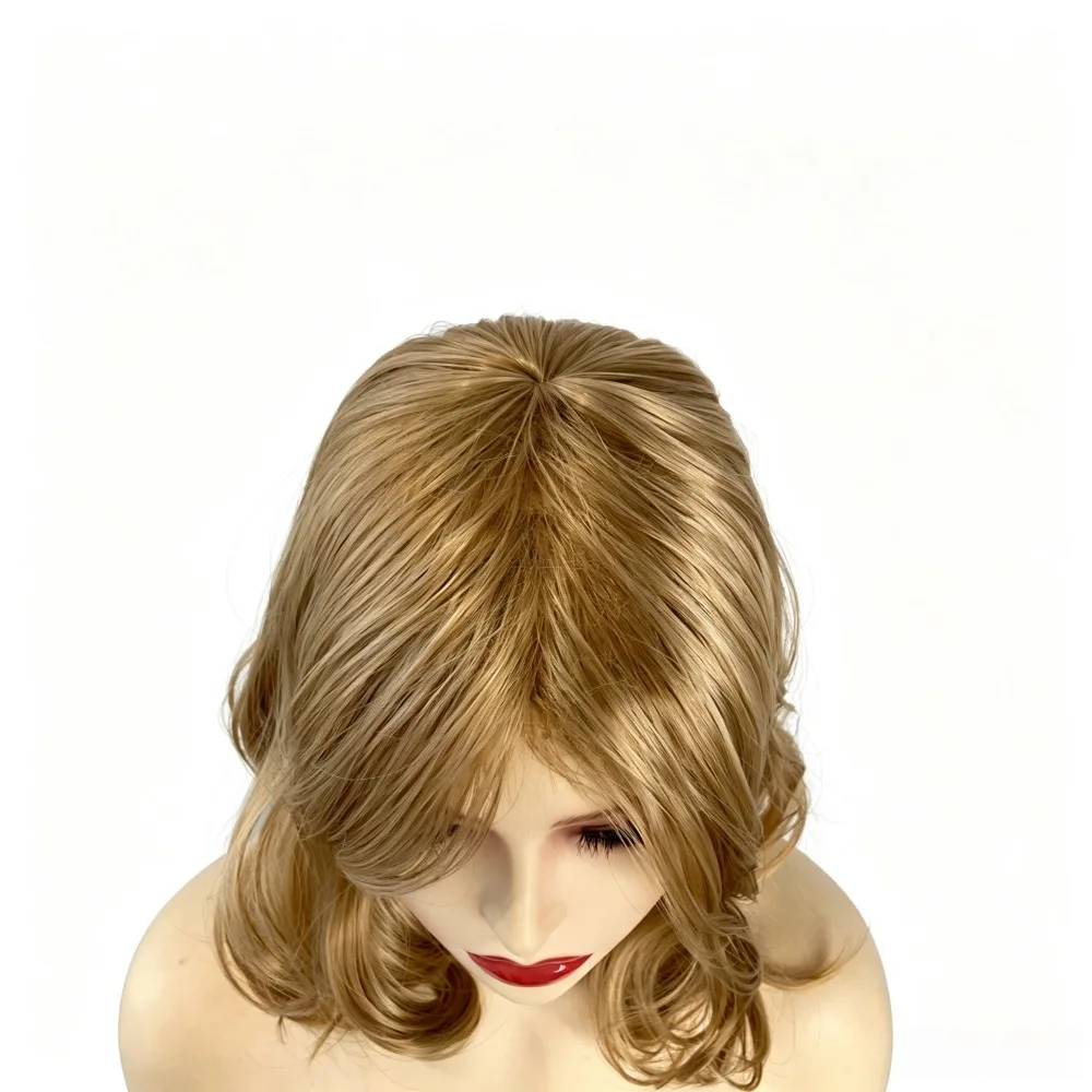 Synthetic Fiber Wig For Women, Gold, Medium Length, Short Roll, Durable, Exquisite, Party Dress Up Design