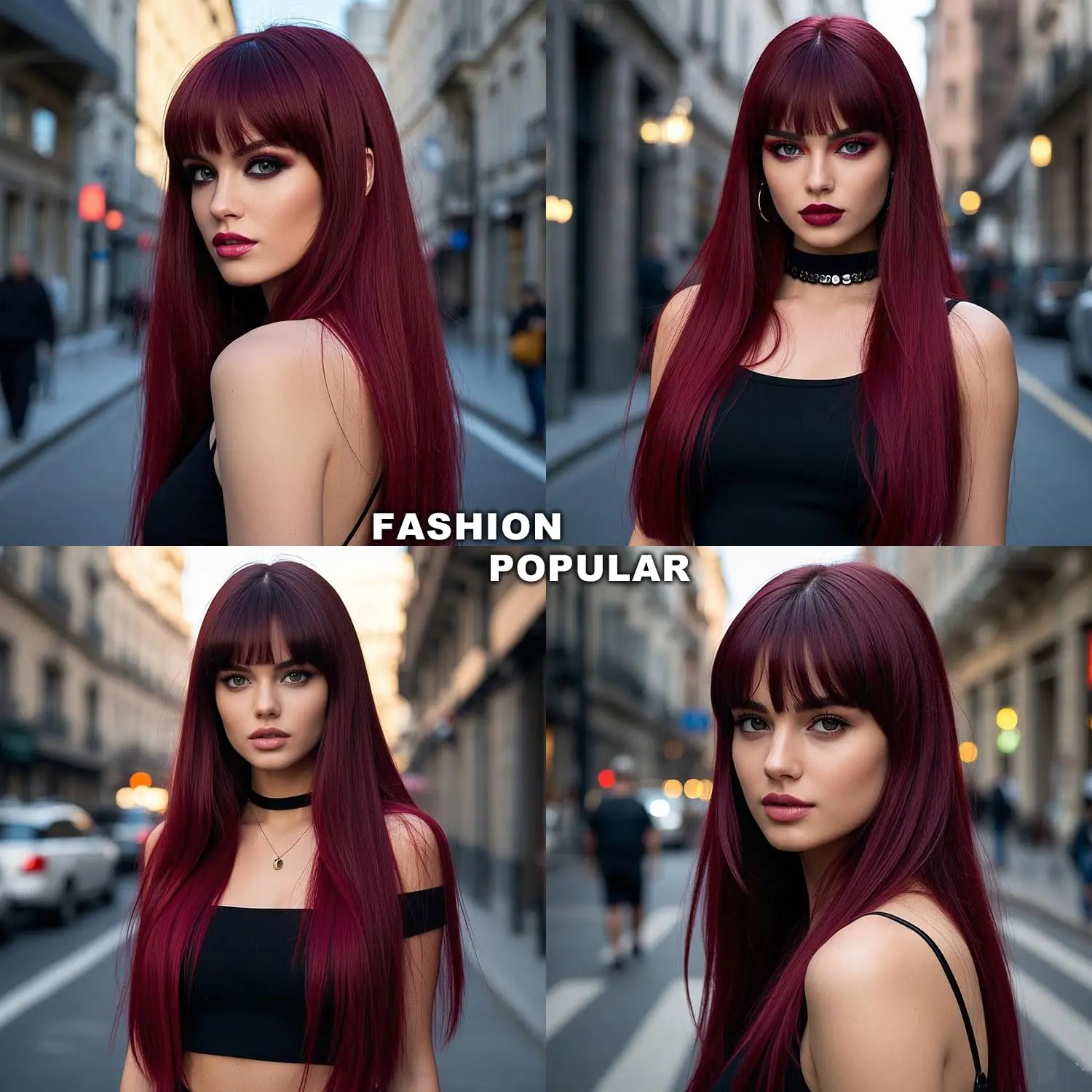 Синтетические парики винно-красного цвета, женские 26-дюймовые челки, натуральные длинные прямые волосы, повседневные вечерние косплей, чехлы на всю голову