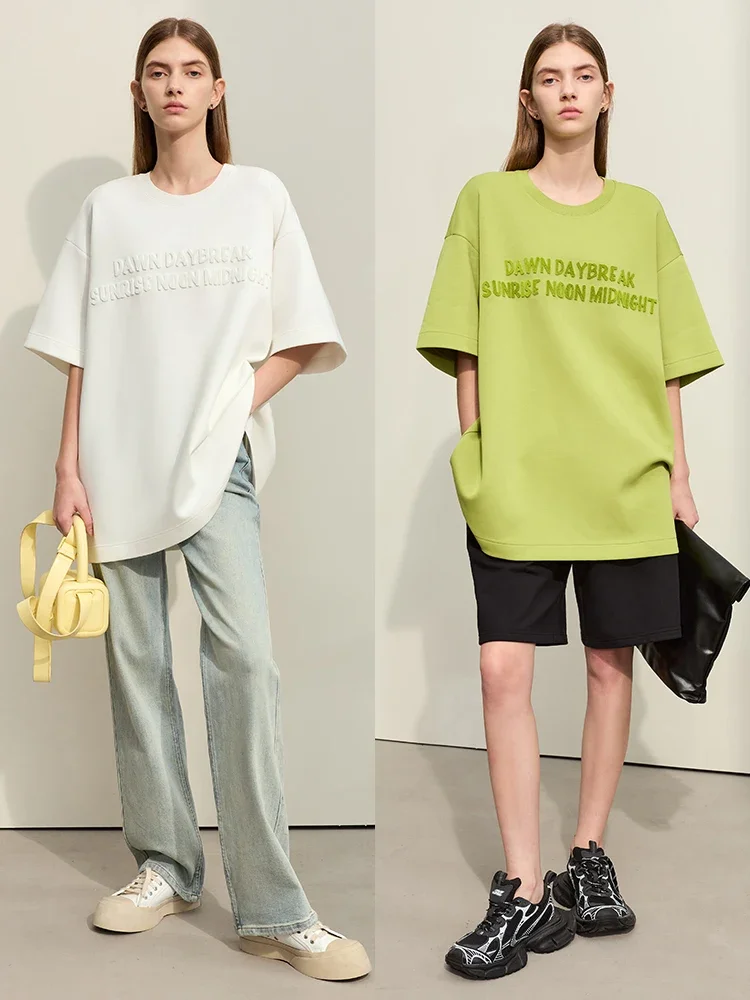 AMII Minimalismo T-shirt per le donne 2025 Primavera Nuovo girocollo Lettere Ricamo Allentato Casual Stretch Manica corta Top 12441080