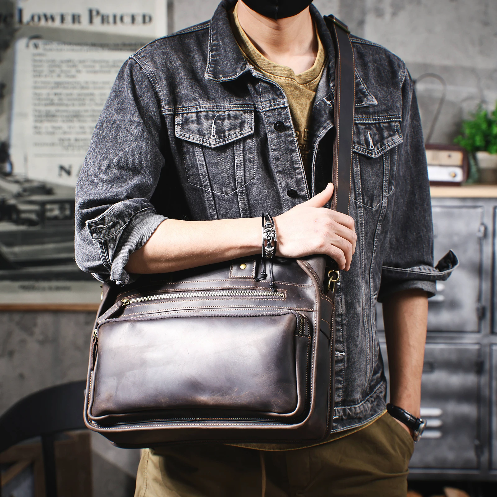 Vintage Echtleder Herren-Aktentasche 14" Laptop-Tasche Crazy Horse Leder Messenger-Handtasche Rindsleder Geschenkidee für Männer – Detail 4
