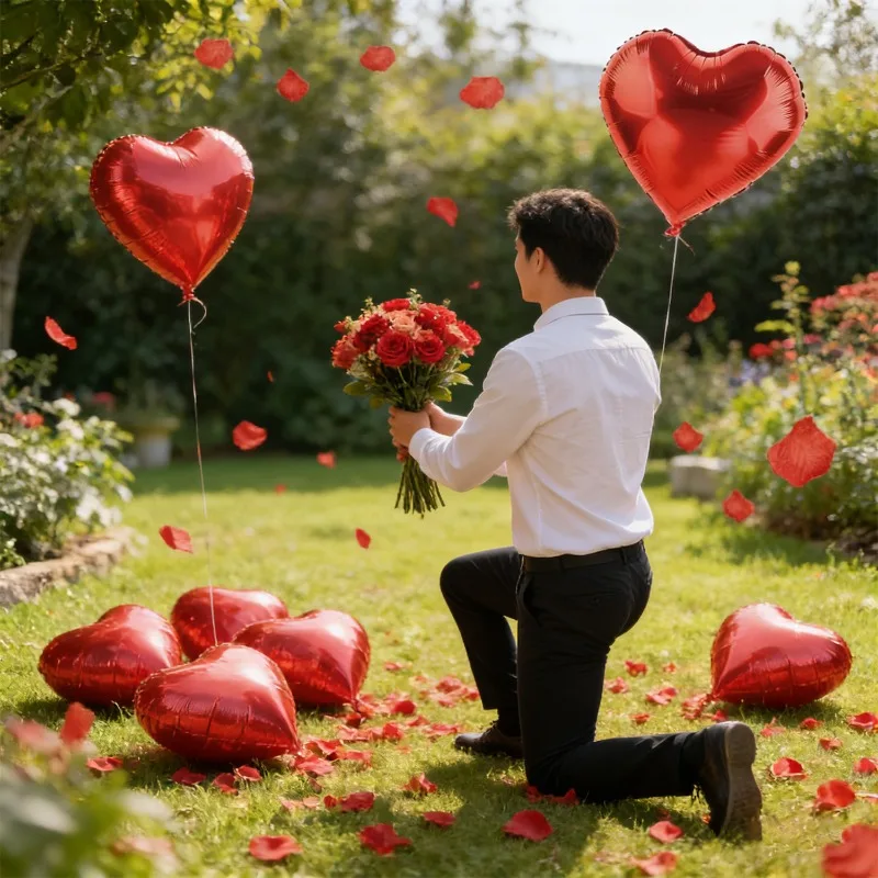 Valentinstag-Ballon-Set mit rotem Herz, aufblasbarer Aluminiumfolienballon mit rotem simulierter Seidenblütenblatt, Geburtstags- und Hochzeitsdekoration