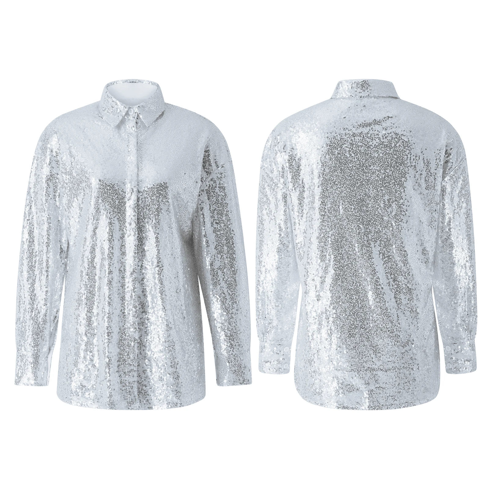 Women\'s Y2K Sequin Button Down Shirt Blouses Long Sleeeve Sparkle Glitter Top Jacket Party Clubwear Streetwear