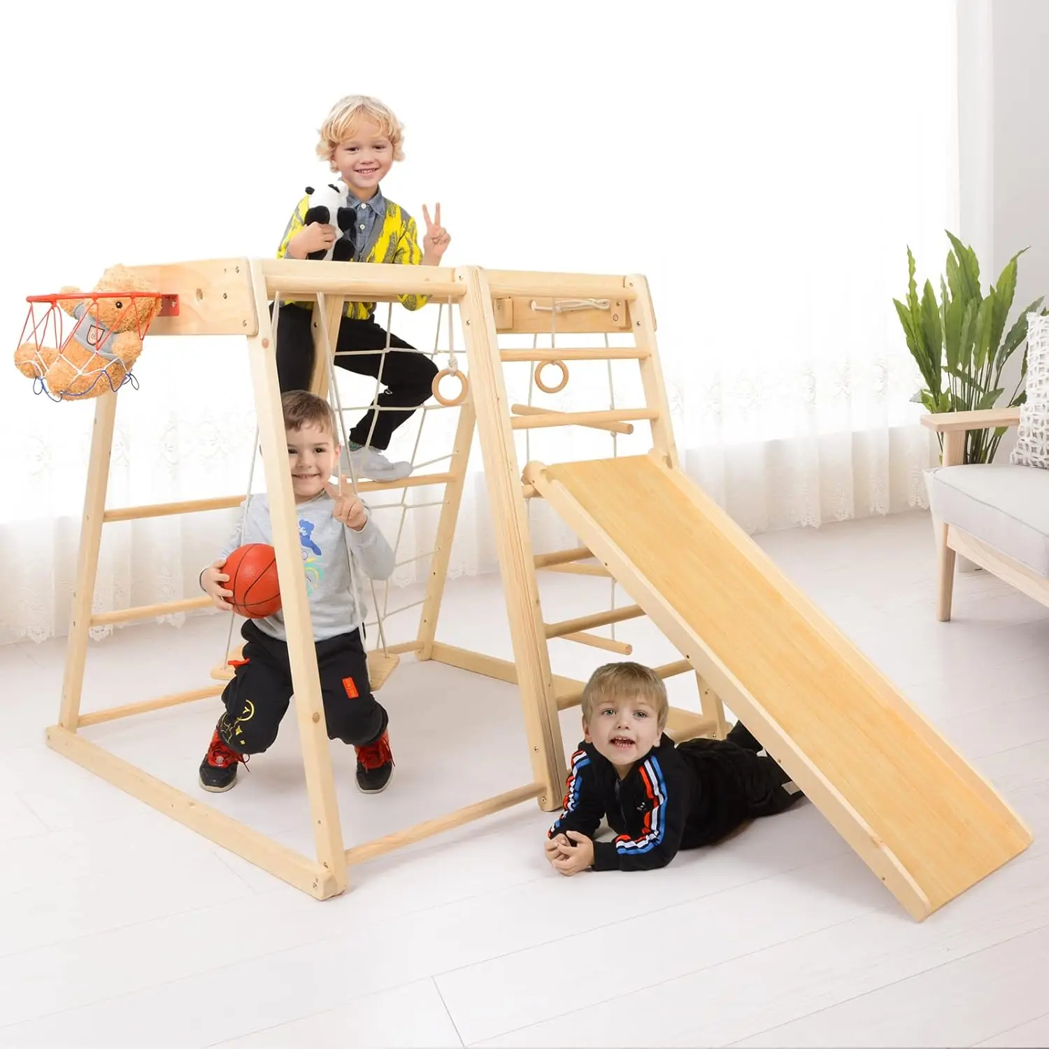 Playground   Toddler Montessori Wood Playset 9-in-1 with Slide  Basketball  Swing  Jungle Gym   Swedish Ladder    Monkey Bars