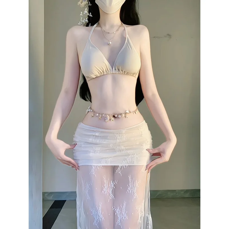 Elegant White Floral Mesh 4 Piece Bikini Set Bow Front Flare Sleeve Cover Up Skirt Swimsuit for Women Beach Resort Vacation