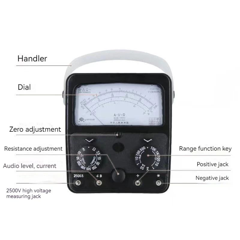 MF500 Big Pointer Multimeter High Accuracy Mechanical Pointer Meter Internal Magnetic External Magnetic Tester 2500V Measurement