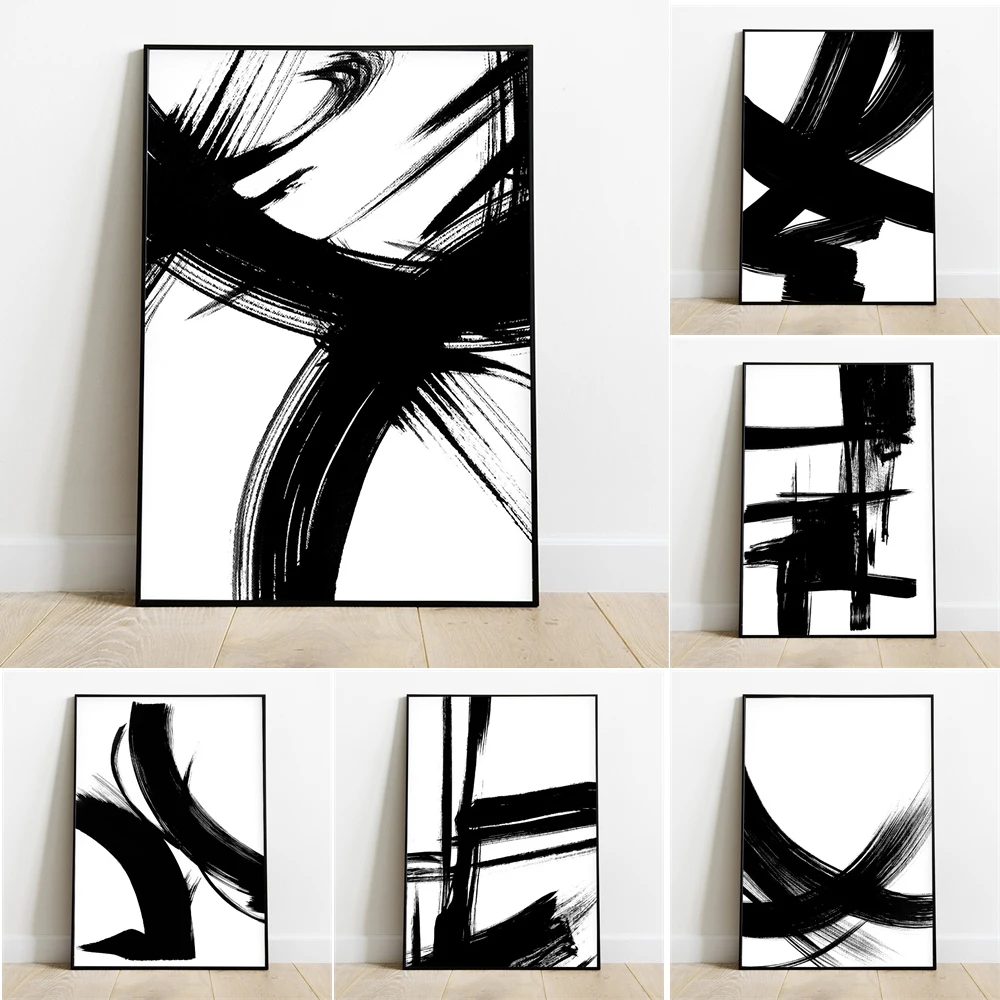 Abstract Canvas Painting Poster Minimalist Black and White Brush Strokes Print Modern Gallery Wall Decor Home Living Room Decor