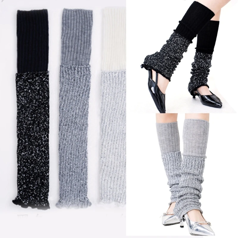 Ribbed Knitted Leg Warmers with Shining Sequins Patchwork Stretch Boot Socks Foot Accessories for Party and Daily Wear M6CD