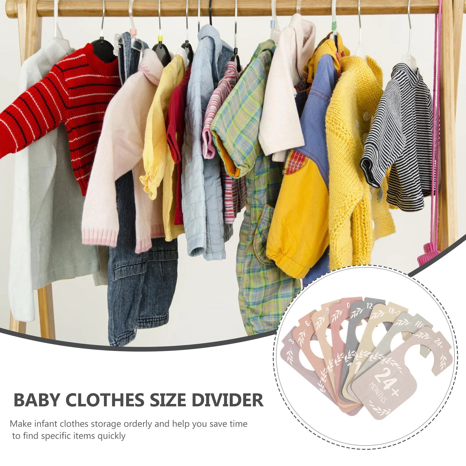 

8Pcs Wood Baby Clothes Size Dividers Cute Closet Organizer Infant Wardrobe Hanger Dividers Baby Clothing Storage Solution