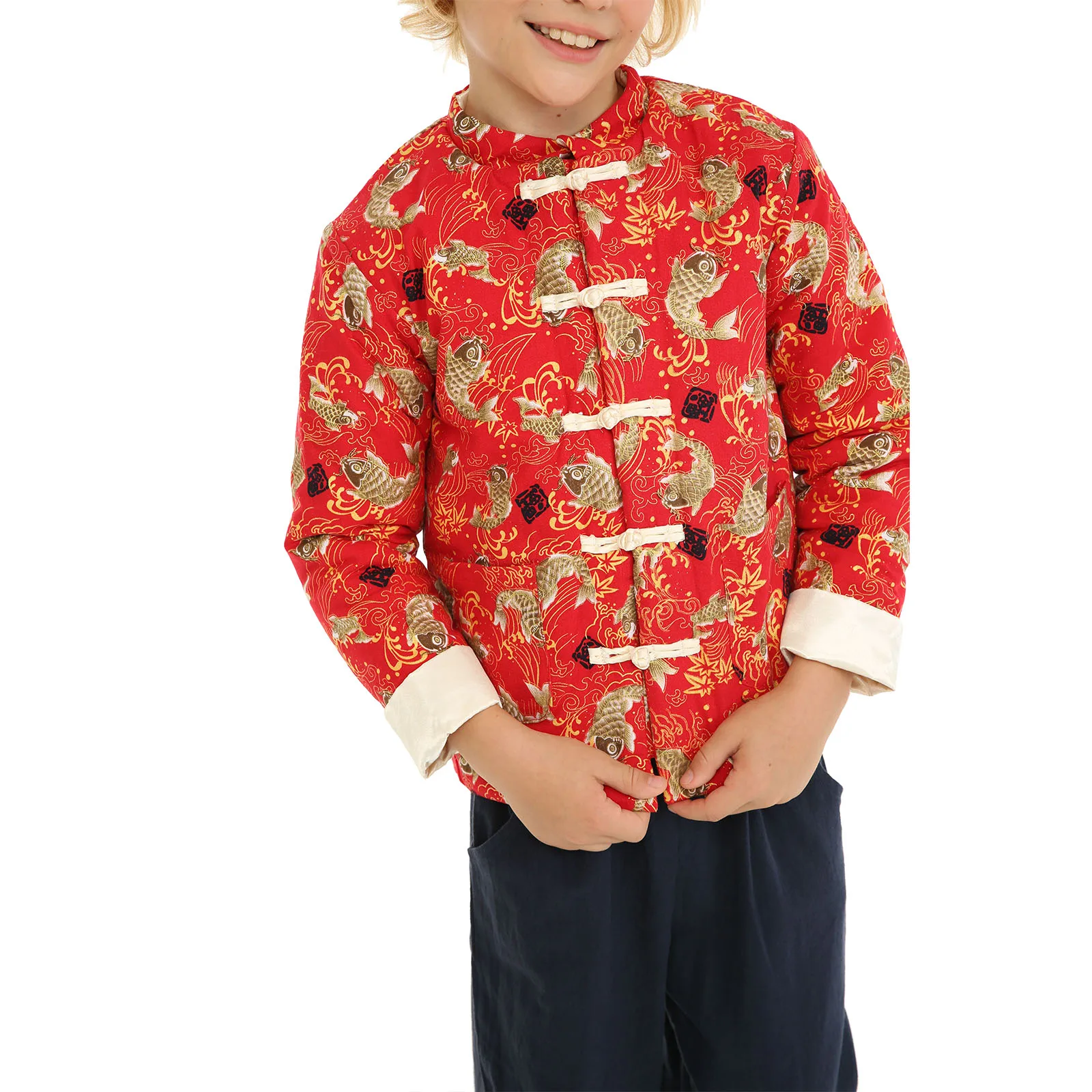 Mudkingdom Toddler Boys Tang Jacket Chinese New Year Traditional Retro Thickening Lined Warm Coats for Kids Clothes Bronzing Koi