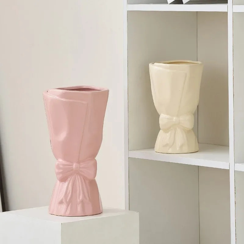 1pc Modern Minimalist Bowknot Waisted Vase Creative Bouquet‑Shaped Table Ornament Home Decor