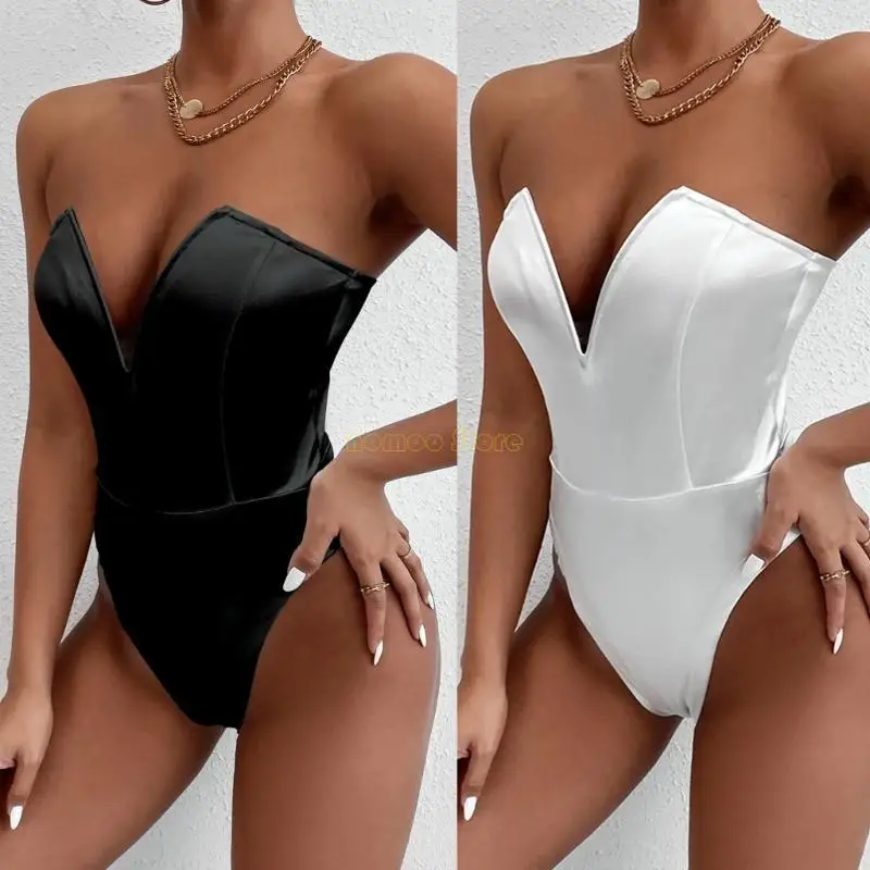 31BF Pullover Heart Neck Jumpsuits Tik-tok Romper Cloth Solid Color Backless Strapeless Satin Elastic Jumpsuits