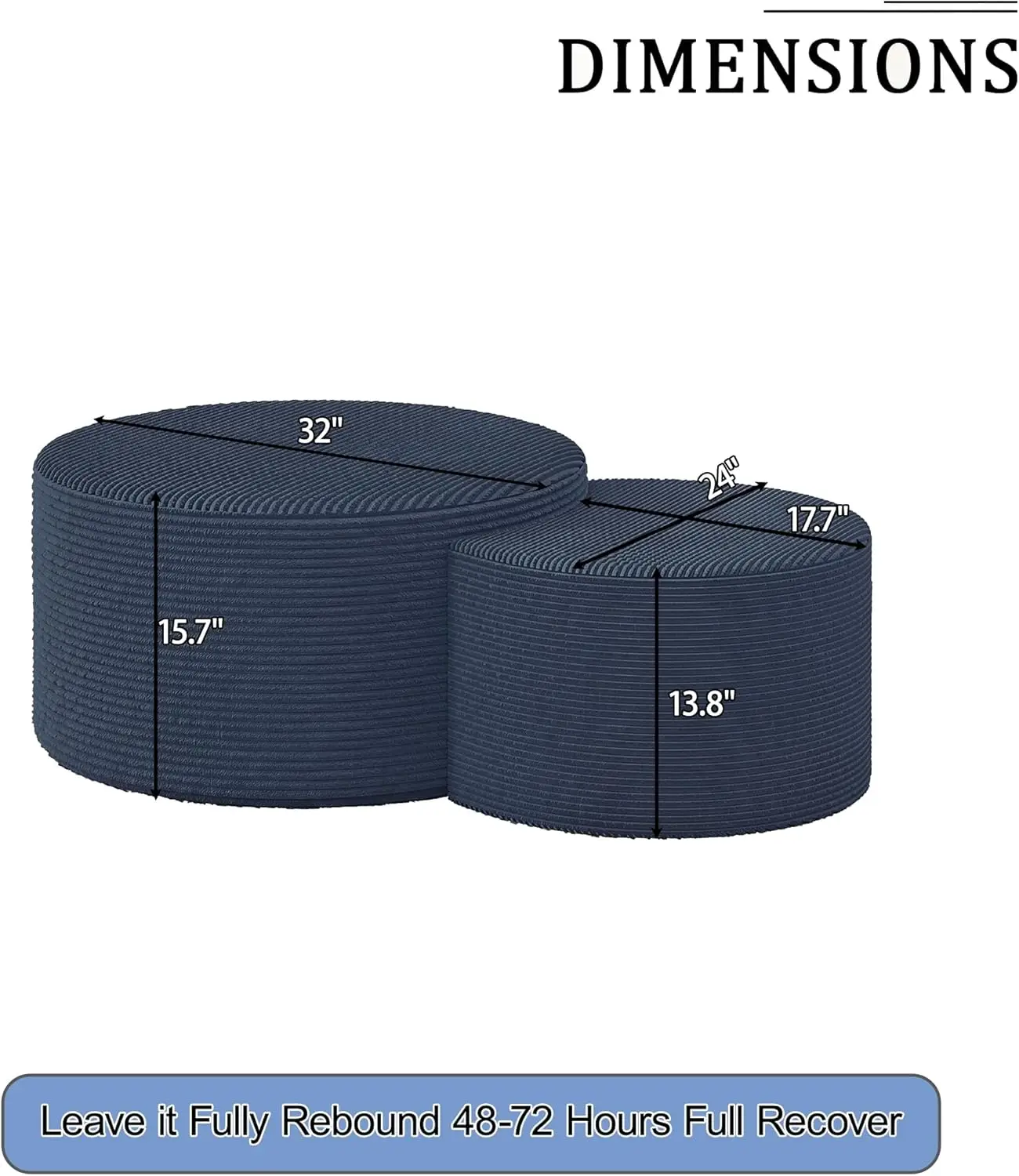 Zestaw 2 stolików kawowych do układania w stos - 32+17 cali, tapicerowane okrągłe stoliki pomocnicze z sztruksu, poduszki pod nogi/stołki do łóżka z piankowym wyściółaniem, niebieskie