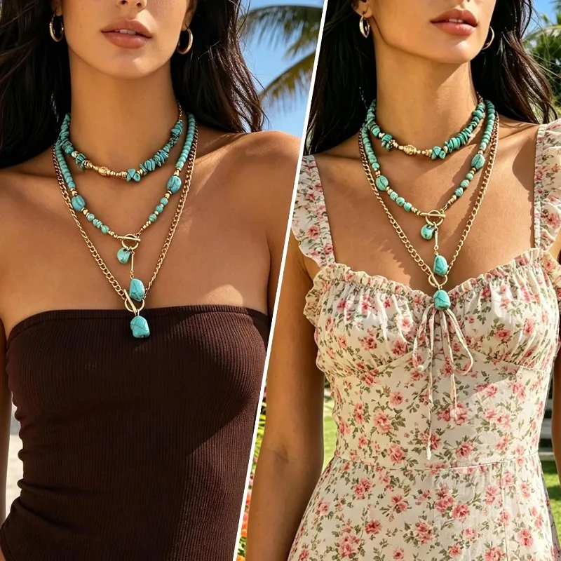 Chunky Turquoise Necklaces for Women Girls Vintage Gold Statement Bohemian Layered Necklaces Charm Beaded Choker Western Jewelry view 2