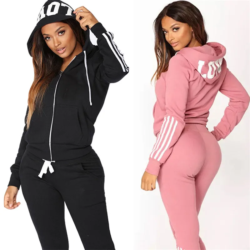 Spring Autumn Women's Striped Sportswear Casual Long Sleeved Fashion Ladies Zippered Hoodie and Pants Two-Piece Set Outfits