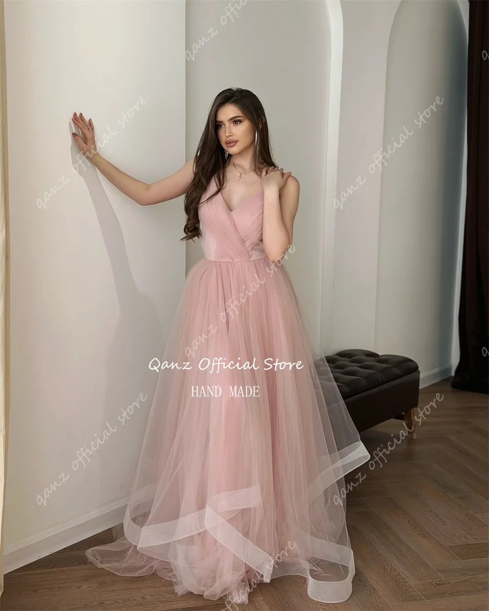 Qanz Elegant Tulle Evening Dresses for Women Spaghetti Straps Long A Line Wedding Party Dress Vestidos De Fiesta Customized