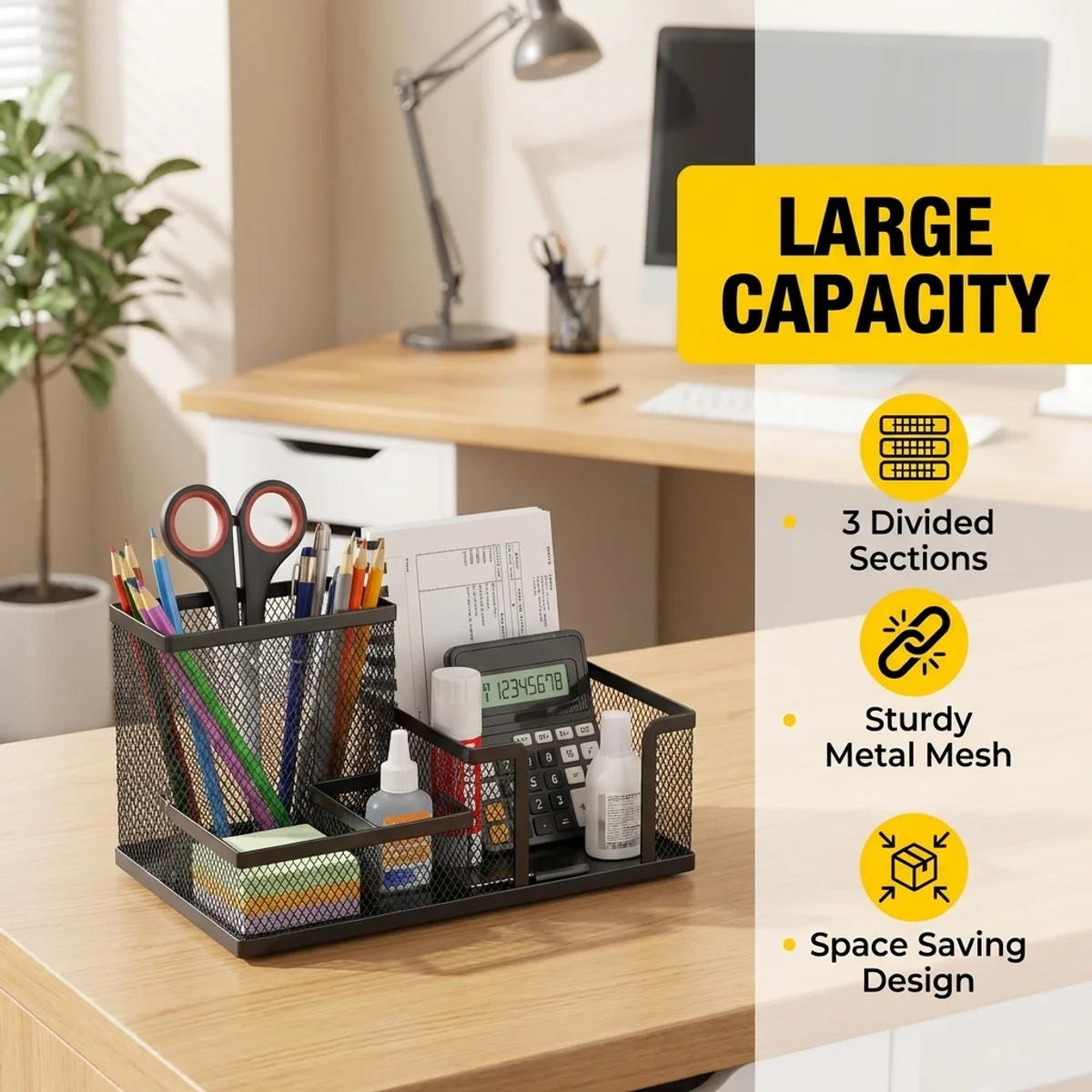 3 Compartment Metal Mesh Pen Holder Desk Organizer Large Capacity Stationery Storage for Home Office School Students Teachers