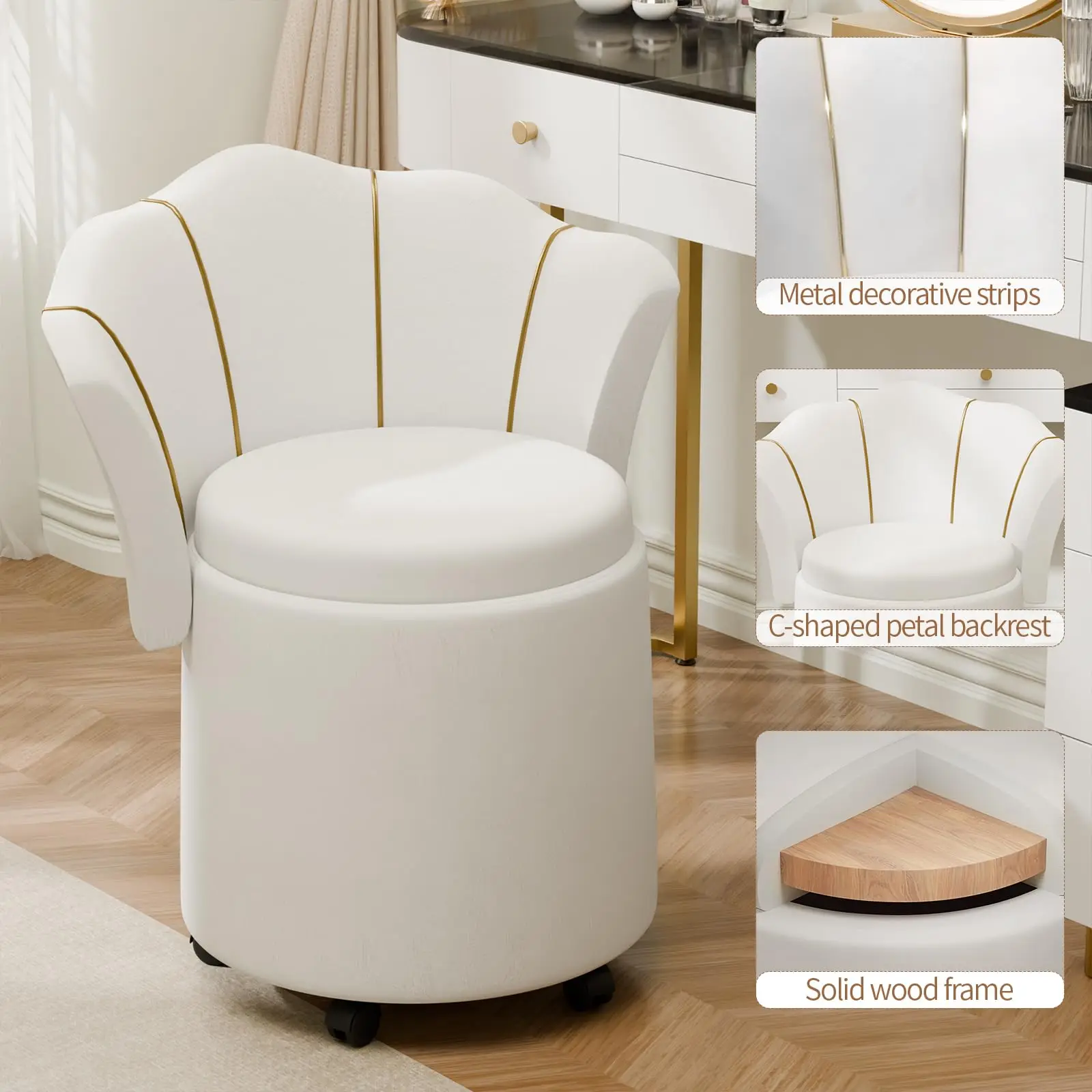 m Round Velvet Storage Ottoman with Backrest and Swivel Makeup Vanity Stool for Bedroom or Living Room Seating m