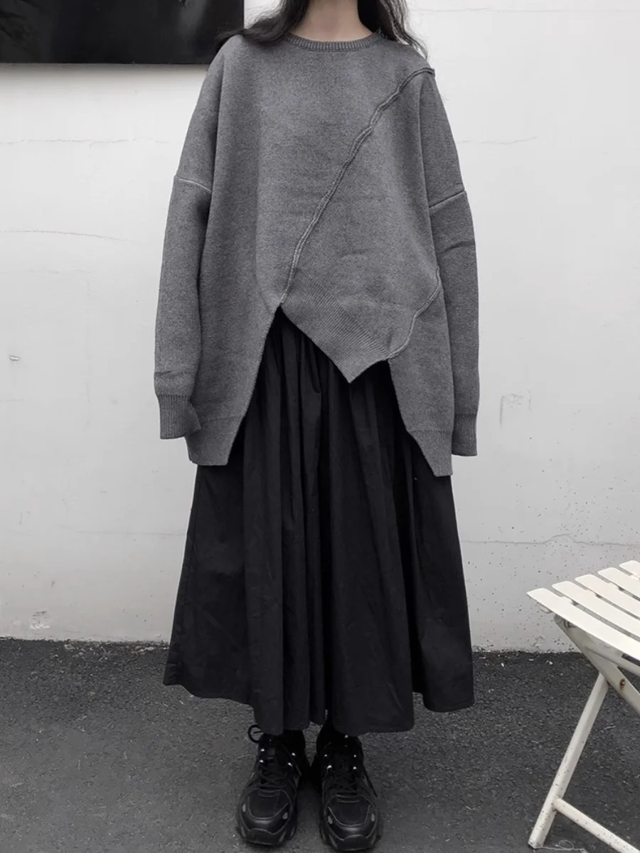 

Autumn Winter Irregular Splicing Loose Pure Color Knitted Sweater Women's Faion Batwing Sve Casual Color Top