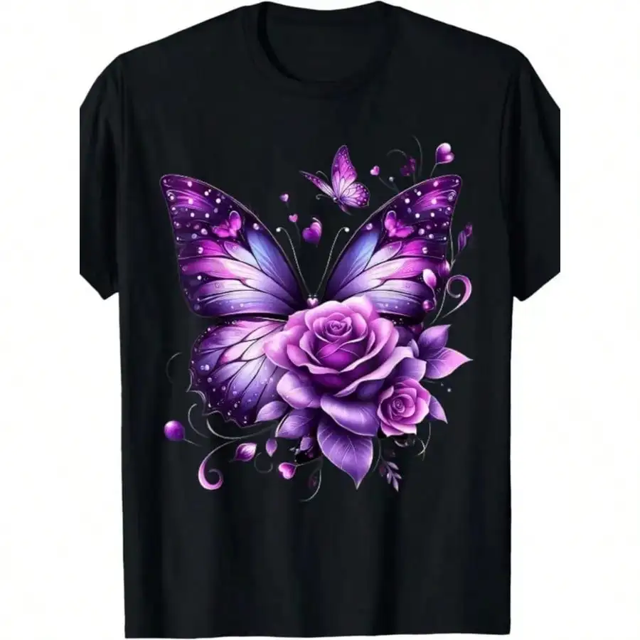 

2025 New women's round - neck short - sleeve T - shirt. Features a beautiful purple butterfly and rose print. casual wear
