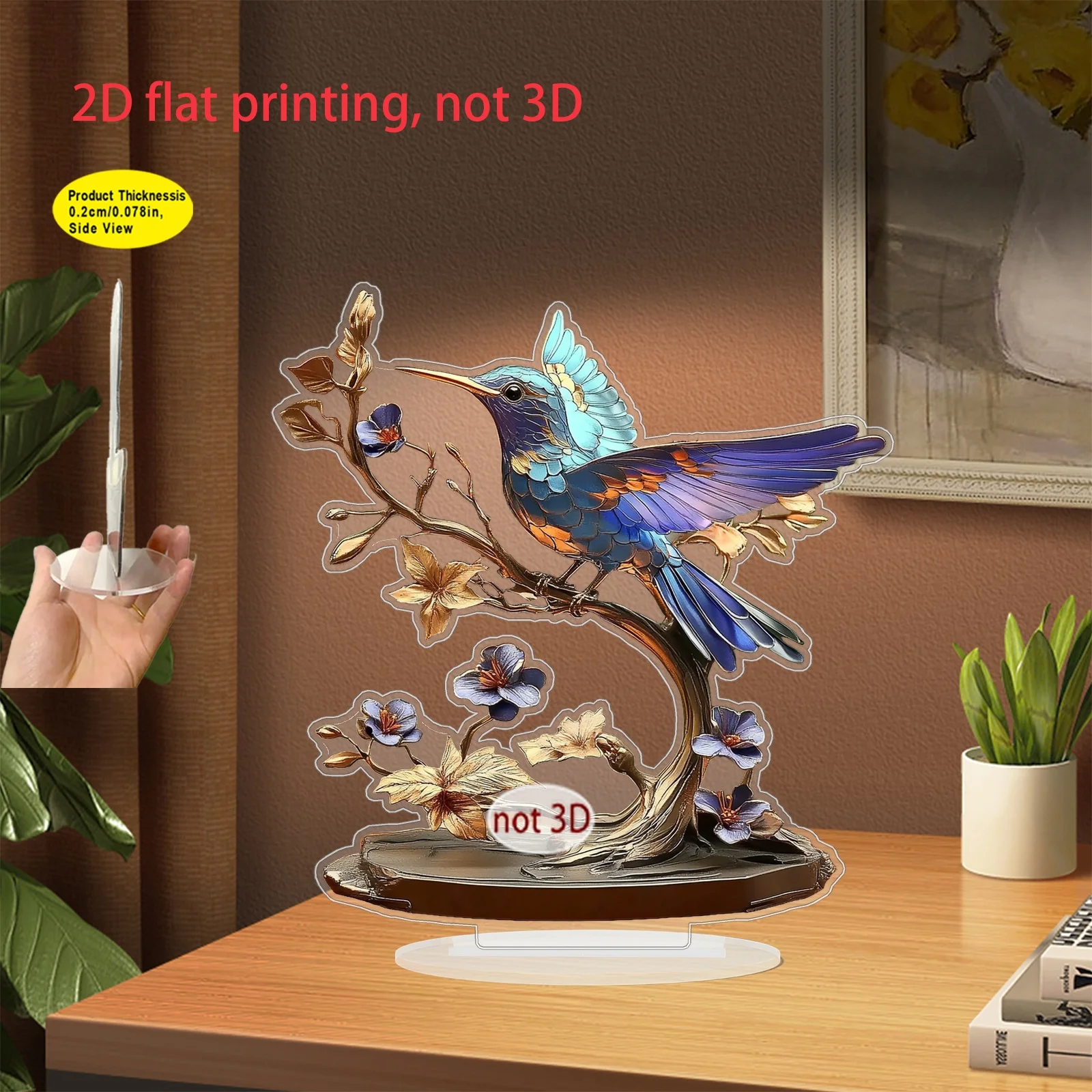 Colorful Hummingbird On Flower‑Blooming Branch Acrylic Table Ornament 2D Vibrant Metallic‑Tone Bird Floral Desktop Decor