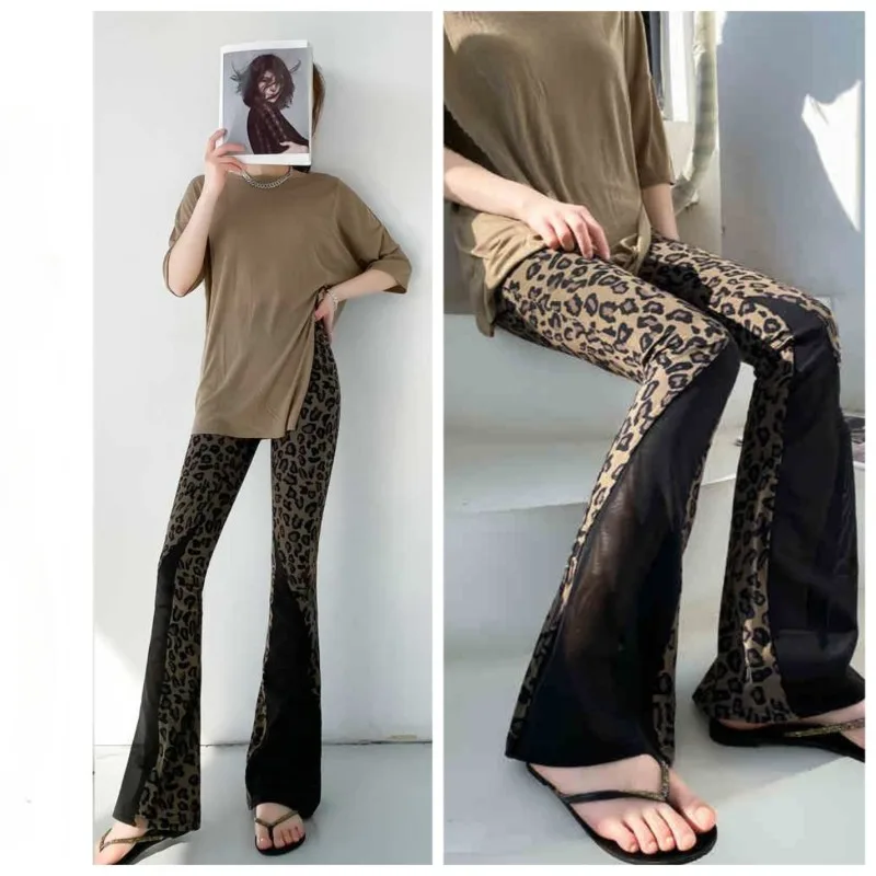 레오파드 프린트 대비 색상 약간 당겨진 바지 여름 얇은 다목적 대형 지방 하이 웨이스트 캐주얼 스포츠 플레어 바지