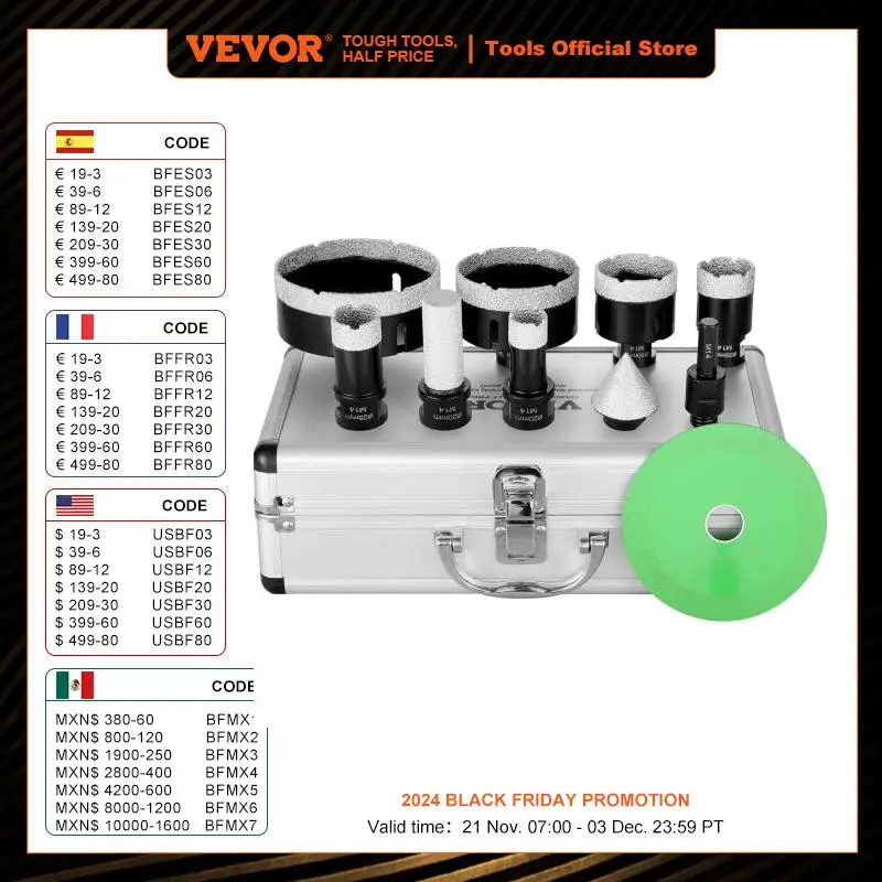 VEVOR 6/7/8/10/11 PCS Diamond Core Drill Bit Set Diamond Hole Saw Kit Finger Milling Bit Cone Bit Saw Blade and Storage Case