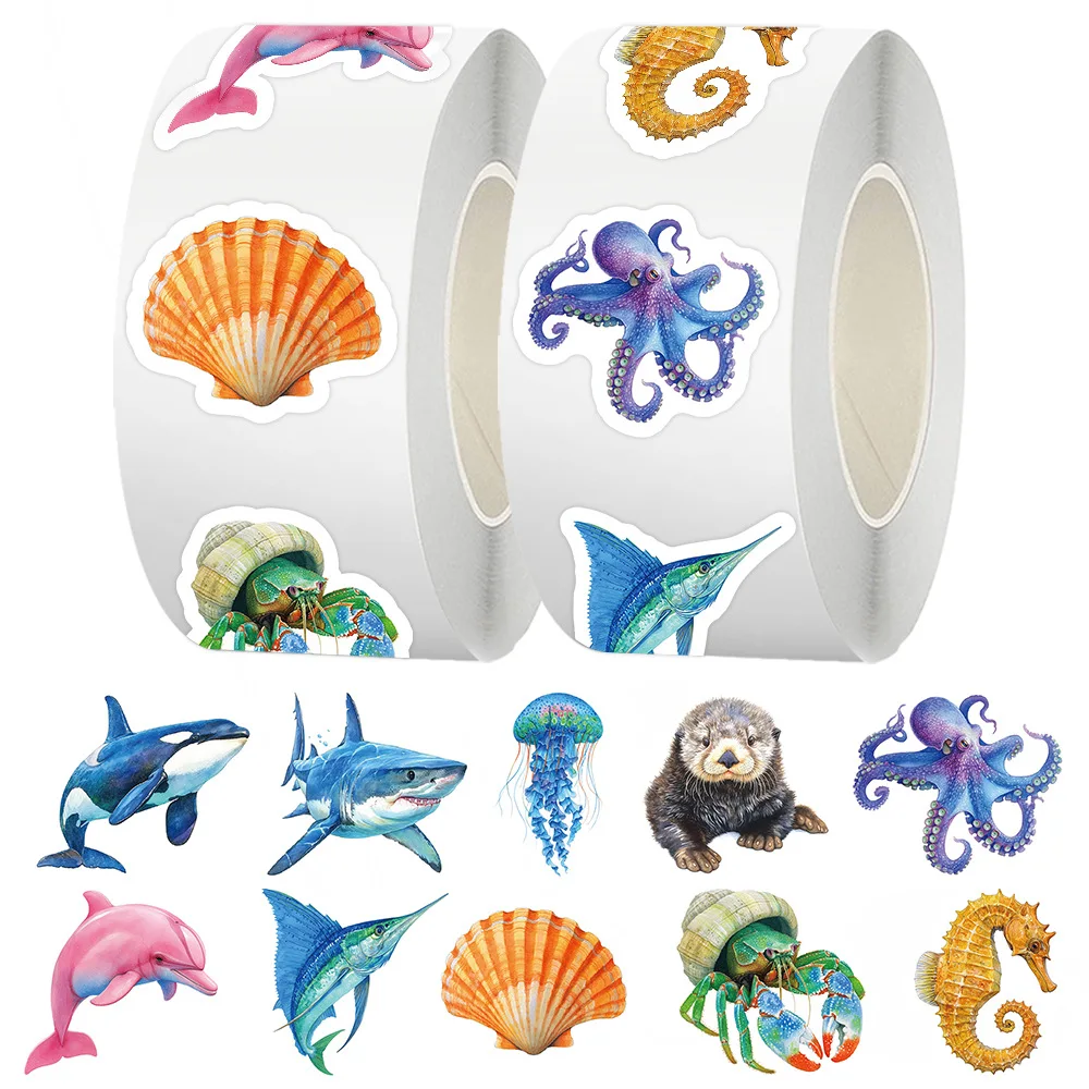 

500pcs/Roll Colorful Marine Life Cartoon Sealing Stickers DIY PVC Laptop Decals Decoration Reward Gift Toy