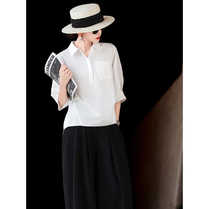MEXCOCO Spring Autumn Women Tencel Blouse, New Elegant Commuter Casual Solid Color Loose Slim Fit Versatile Shirt Top