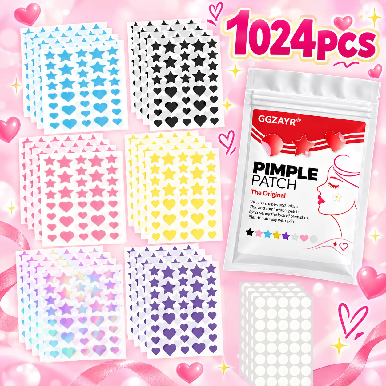 1024PCS Multi Color Star Heart Pimple Patch Stickers, Cute Hydrocolloid Face Cover Set, Creative Beauty Accessories Gift Set
