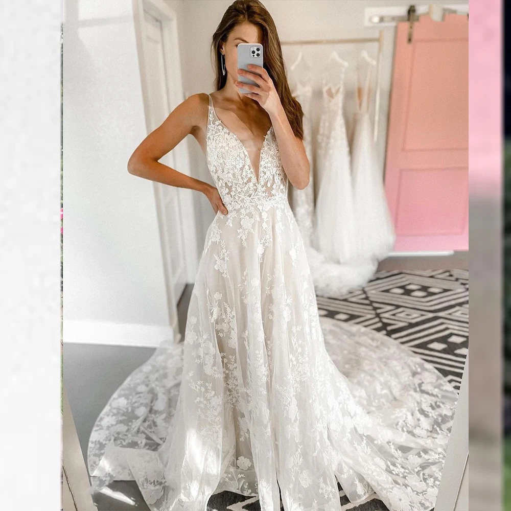 Lace V-Neck Wedding Dress For Women Sleeveless Floor Length Sweep Train Sexy Deep V Bridal Gowns Cutomize Made Robe De Mariee