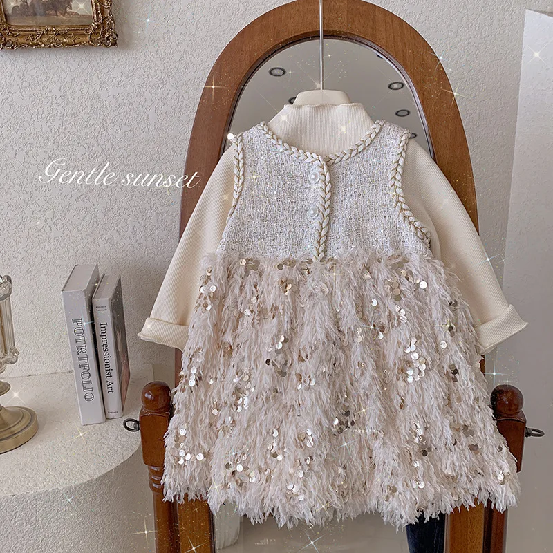 Girls' Dress Autumn Winter Fleece Lined Base Shirt+Birthday Dress Princess Dress Feather Tank Top Dress Set