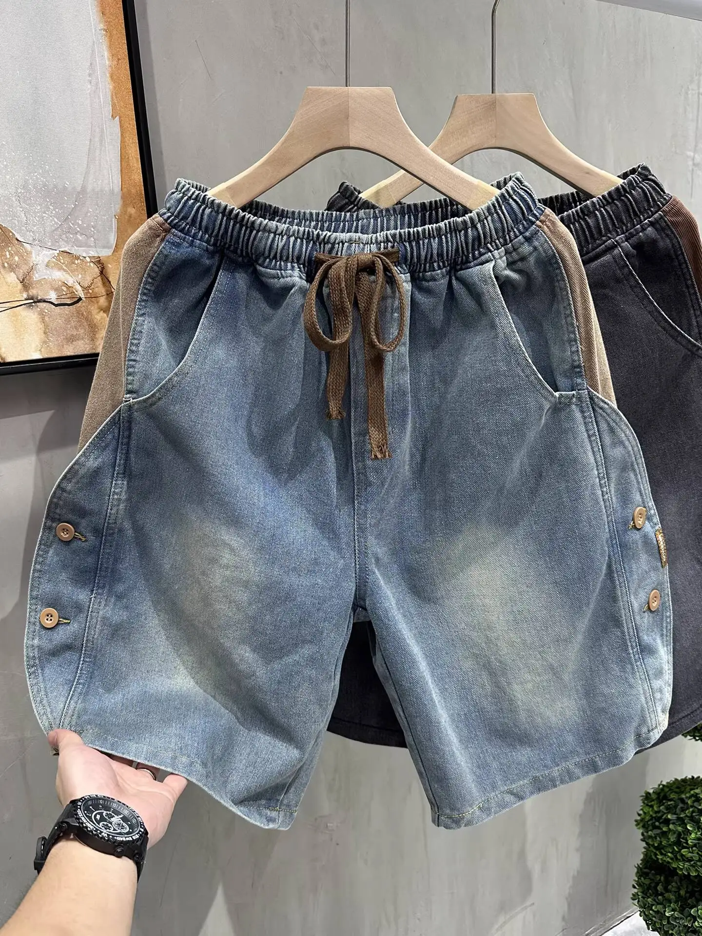

2026 New Summer Men's American Vintage Denim Shorts Washed Loose Straight Leg Five Pocket Workwear Casual Patchwork Pants