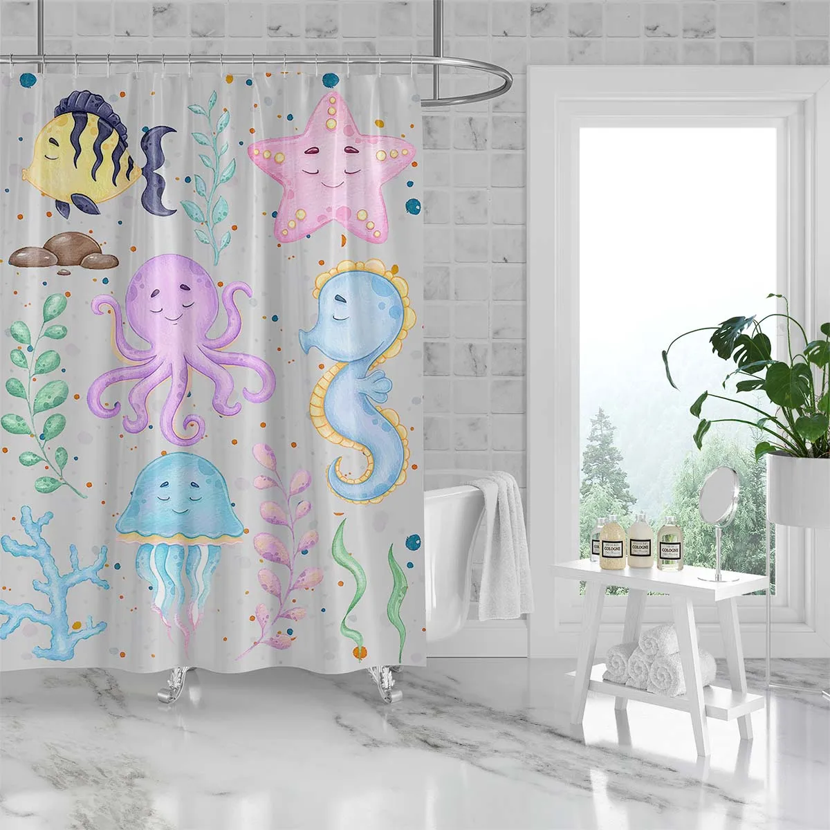 180x180cm bathroom waterproof polyester shower curtain, mold resistant, perforated with hooks, seahorse shell seaweed