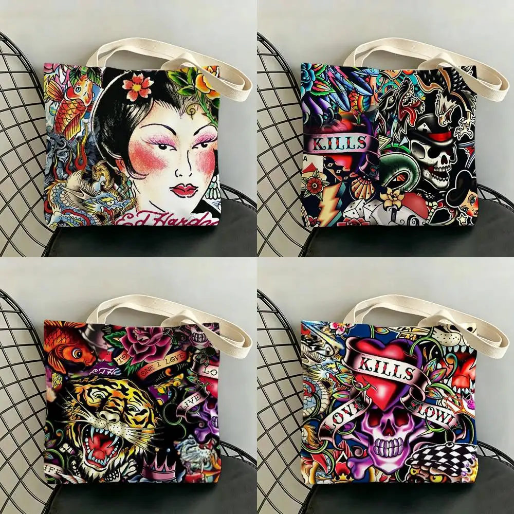 

E-Ed Hardy Brands Storage Bags Double-Sided Print Large Tote Bag Durable Beach Picnic Foldable Gift Eco