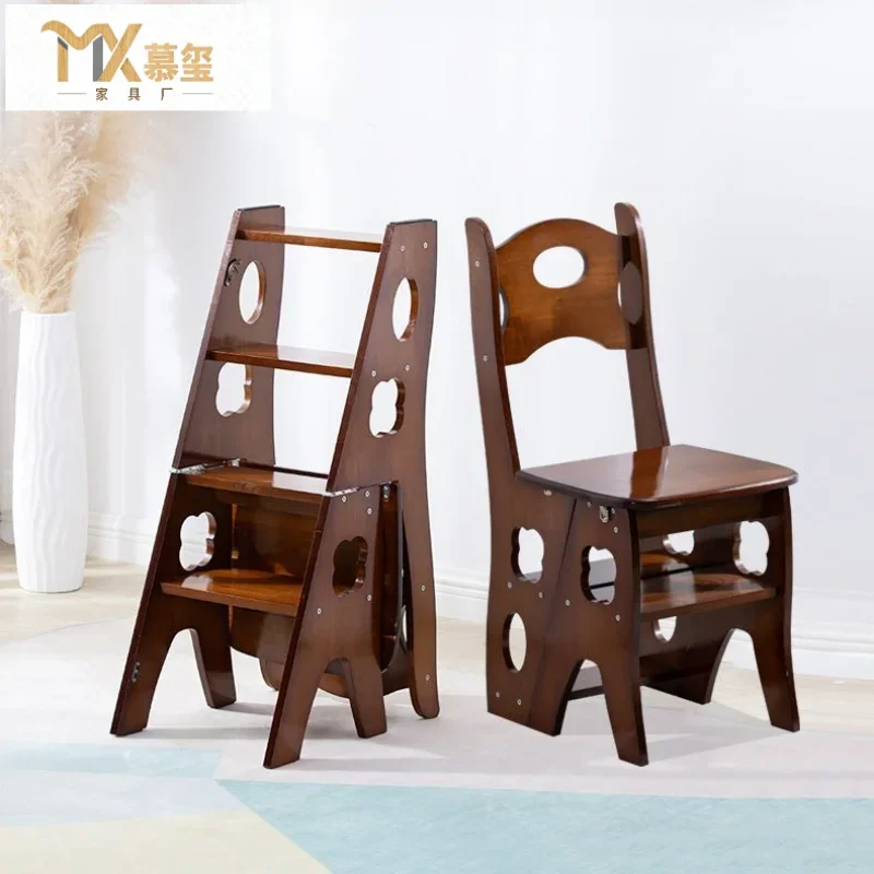 Rubber wood solid wood ladder stool household thickened pedal multi-functional deformation chair adult folding stool dual-purpos