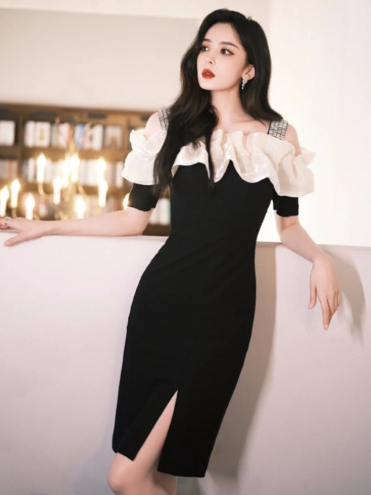 

Gulinaiza Sexy Off-Shoulder Dress High-Waisted A-Line Skirt Short Sleeve Zipper Closure Mid-Thick Polyester Fabric for Variou...